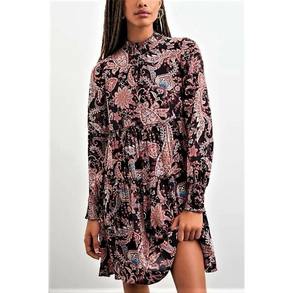 NWOT Anthropologie Cady Tiered Tunic Dress XS Black Paisley Boho Festival Hippie